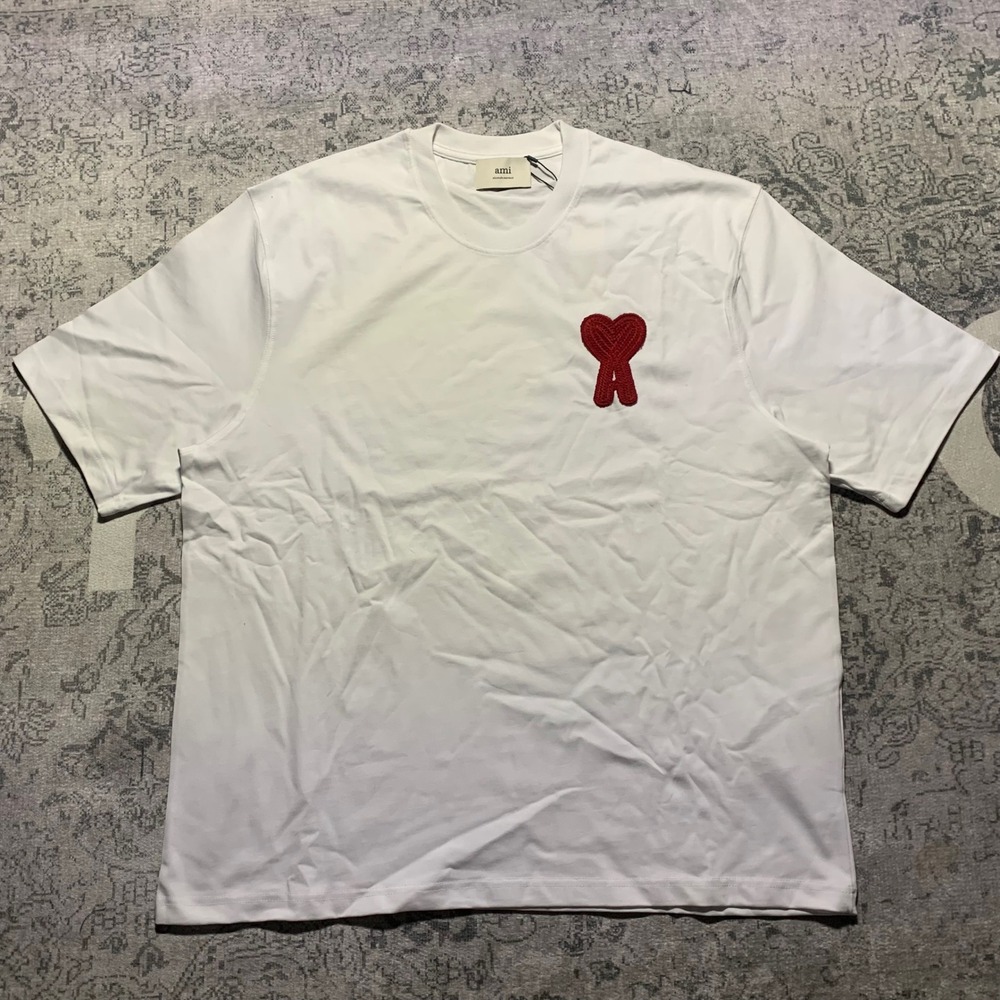 Ami Paris T-Shirt Mens XXL White Ami de Coeur Red Heart Logo Embroidered Tee